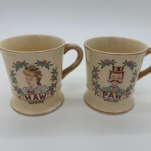 Vintage Maw & Paw Coffee Mugs - USA Kitschy Gold Trim E2242